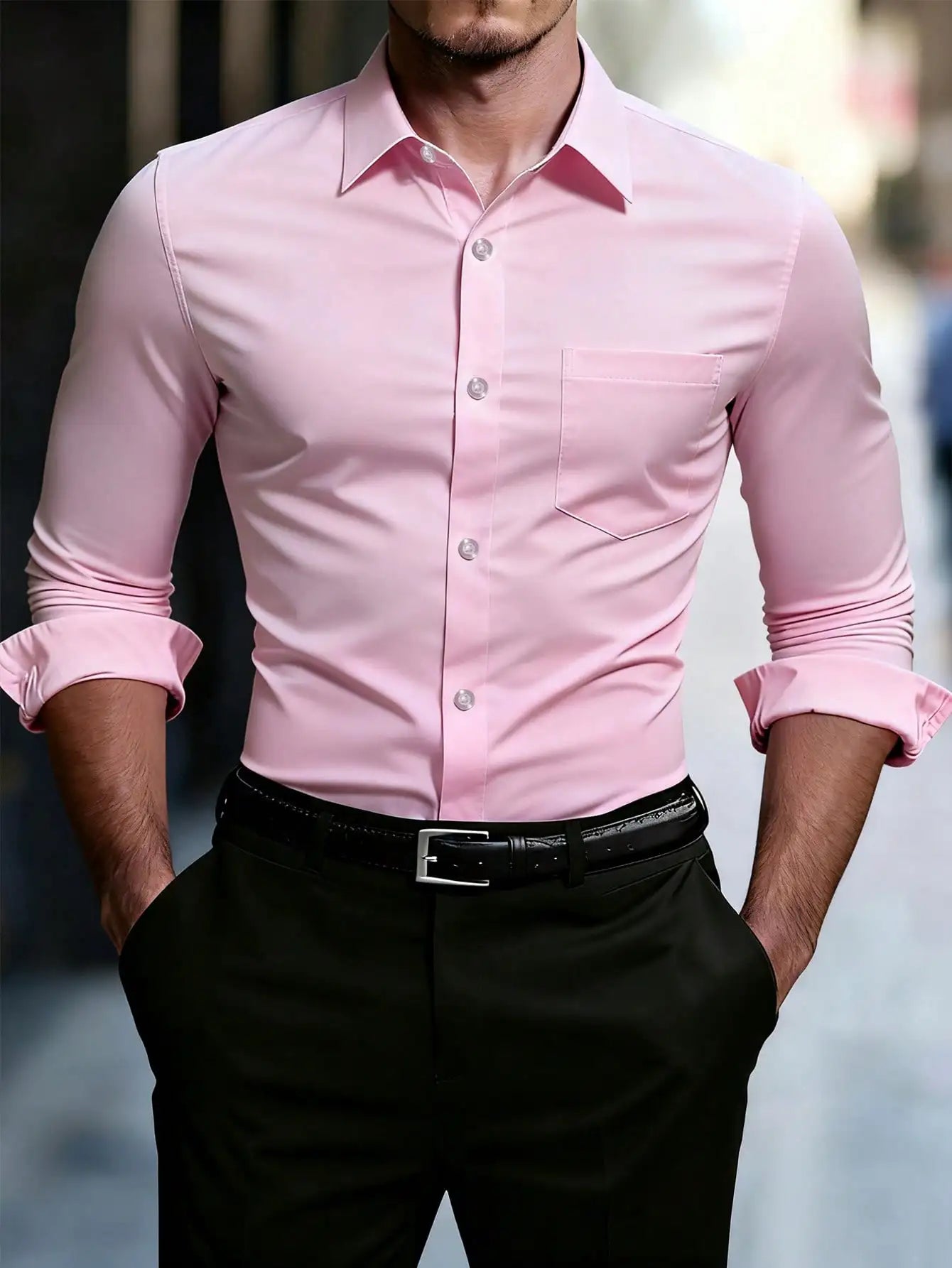 Men's Slim Fit Plain White Long Sleeve Button Up Shirt with Chest Pocket for Business or Casual Wear