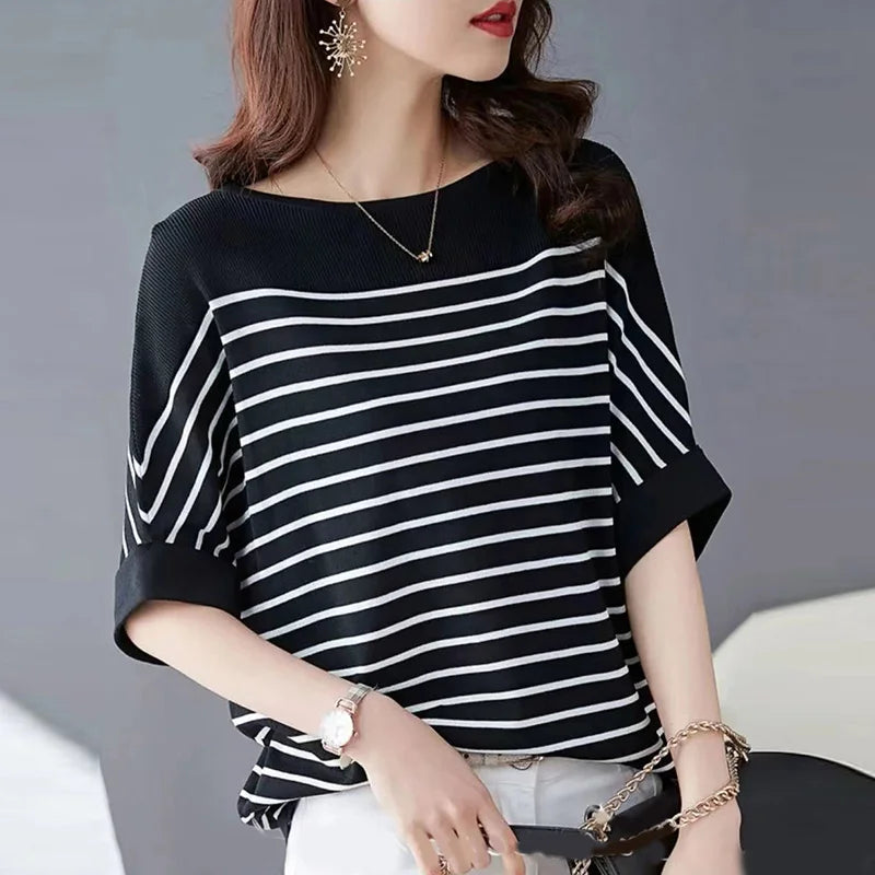 ZANZEA Elegant Striped Patchwork Blouse Women Half Sleeve Office Wear 2024 Summer T-shirt Fashion Loose Casual O-neck Tunic Tops
