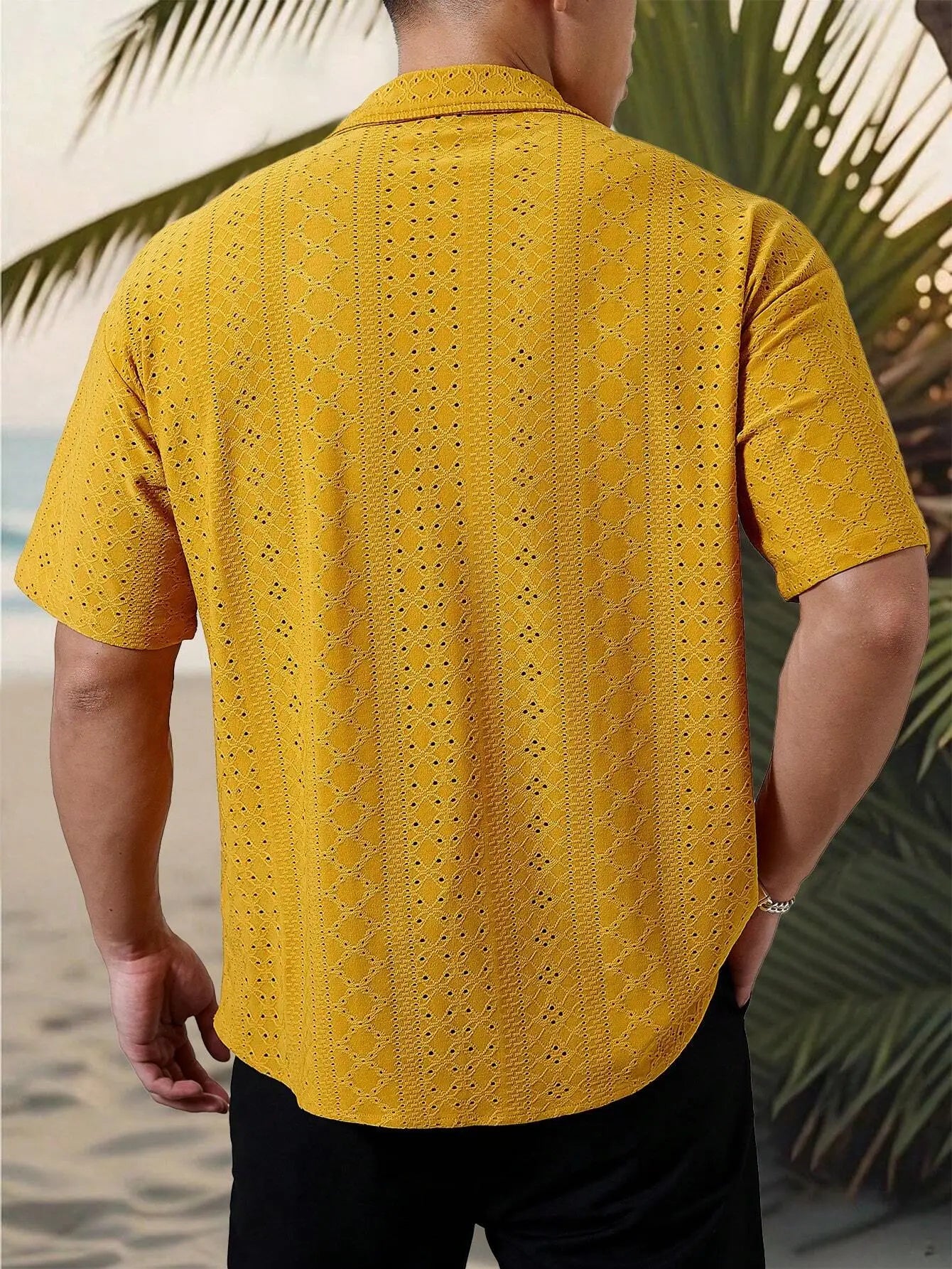 Men's Mustard Yellow Eyelet Lace Short Sleeve Casual Shirt, Loose Fit Button-Down for Beach & Festival
