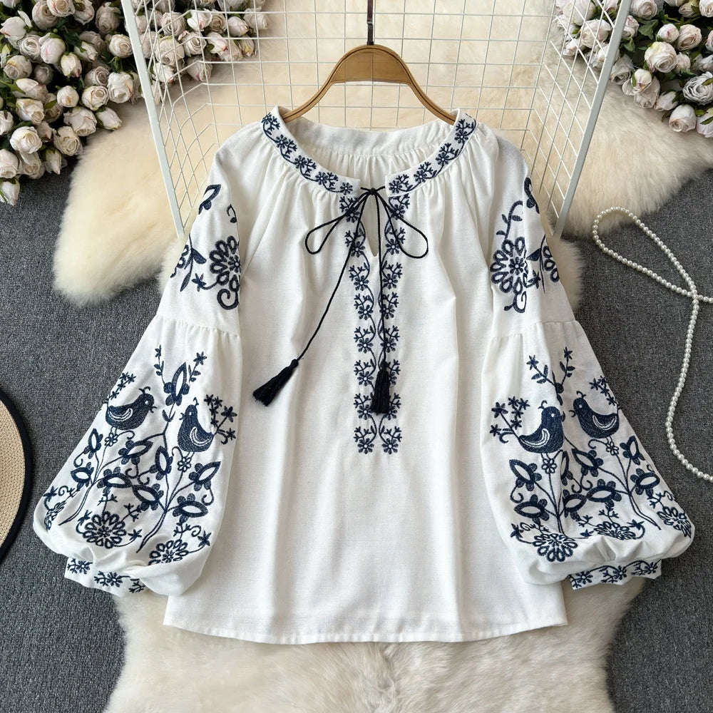 Retro Ethnic Sle Long Sve round Ne Loose irt Women's Doll Top Commute Sle Korean Version Embroidered Faionable