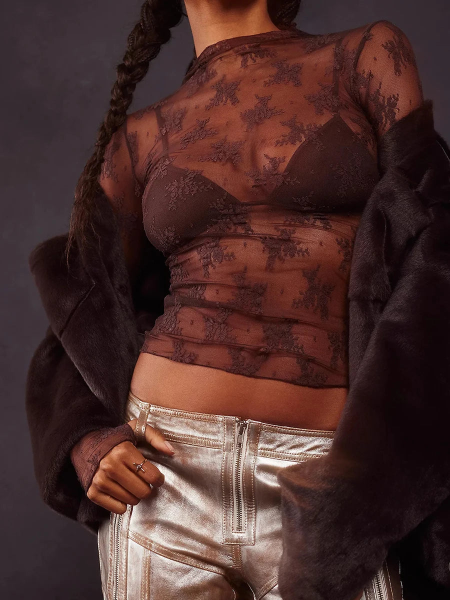 Chic Floral Lace Sheer Tops Women Long Sleeve Mock Neck Mesh Layering Top Sexy See Through Y2k Floral Tee Shirts Street Blouse
