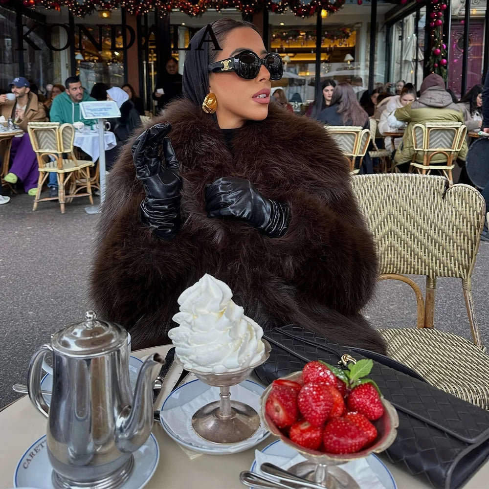KONDALA 2026 Spring Summer Casual Faux Fur Brown Women Warm Jackets Valentine‘s Day Turn Down Collar Oversized Elegant Coats