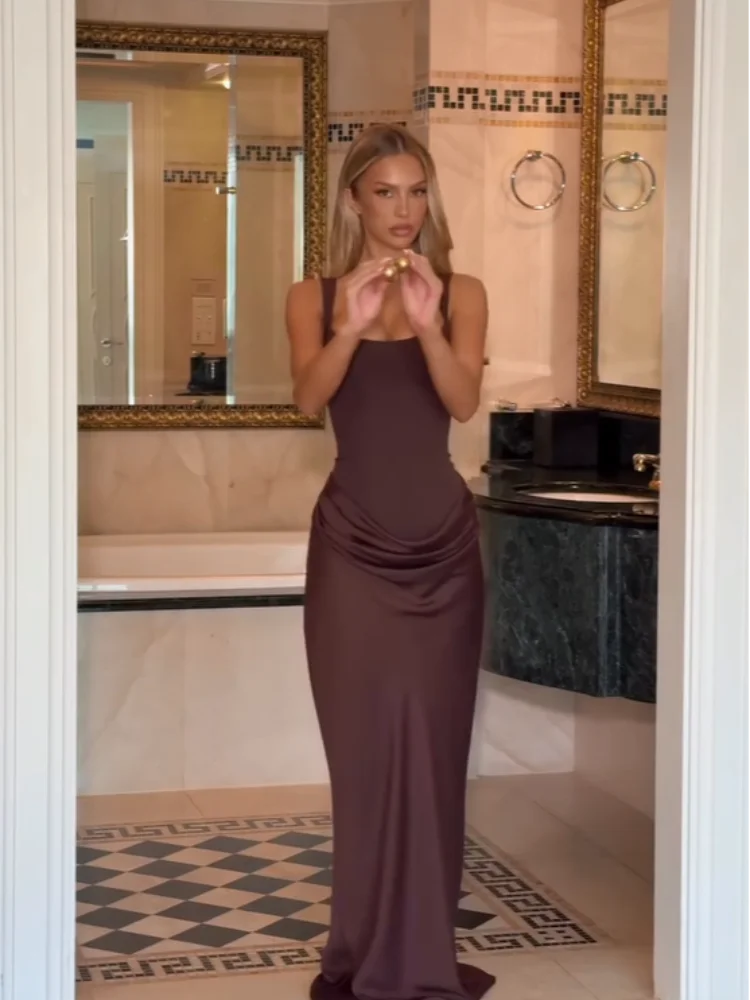 Solid Pleated Sling Dress Women Square Neck Sleeveless Off-shoulder Waist Cinching Slim Dresses Lady Evening Party Gowns 2025