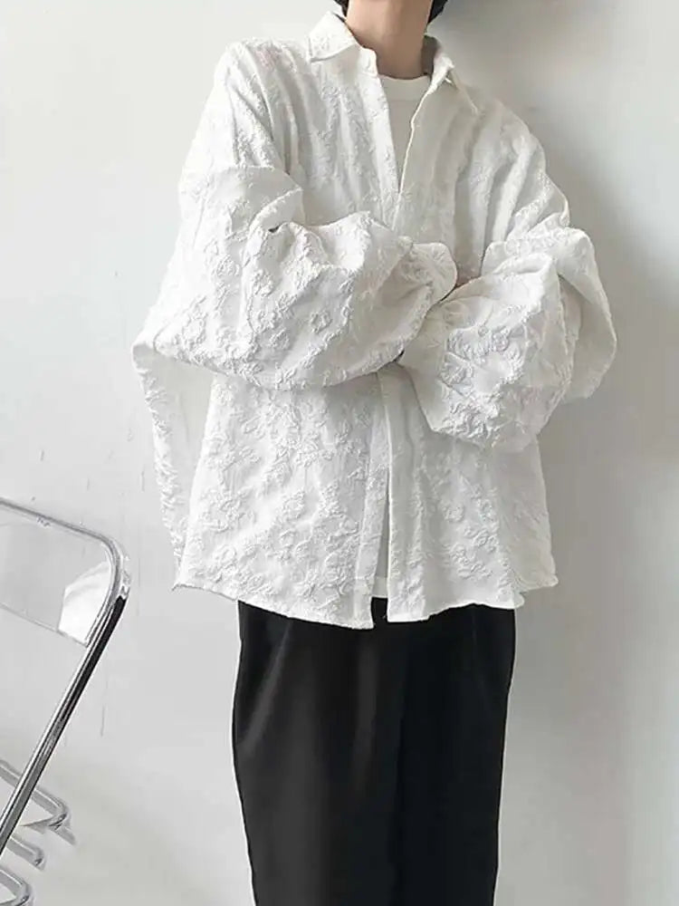 2XL White New Crumpled Jacquard Shirt Loose Fashion Solid Color Casual Turn-down Collar Top New All-match Bat Wing Sleeve P7W