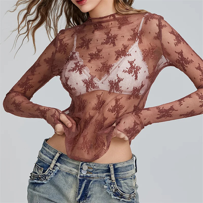 Chic Floral Lace Sheer Tops Women Long Sleeve Mock Neck Mesh Layering Top Sexy See Through Y2k Floral Tee Shirts Street Blouse