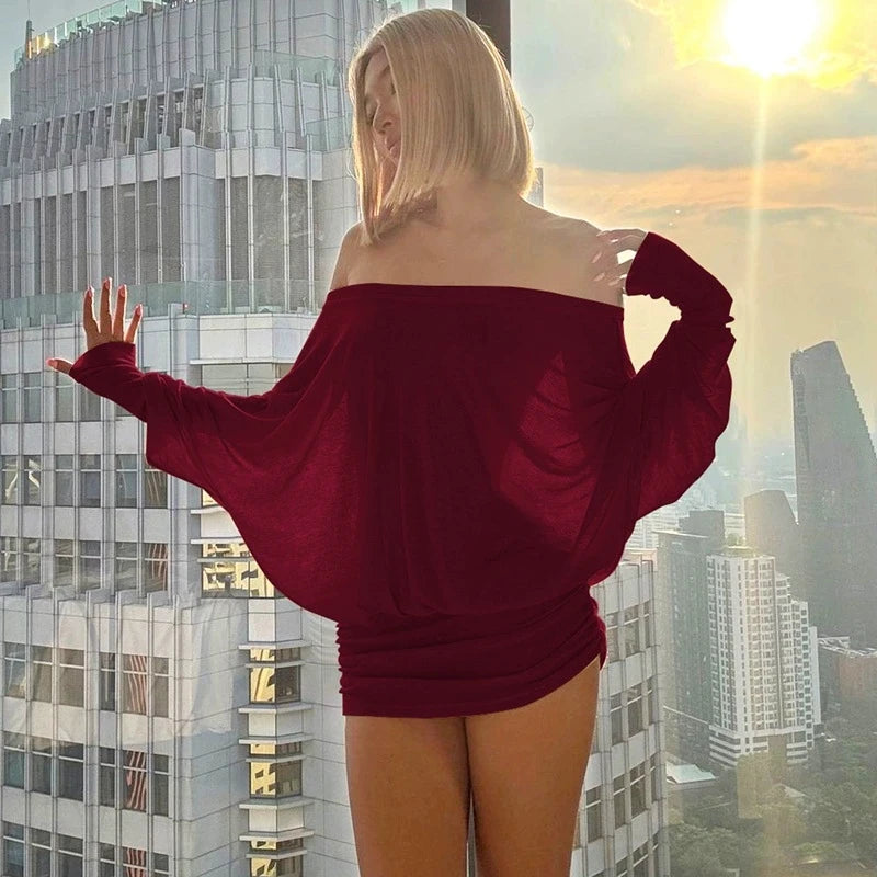 Cryptographic Fashion Off Shoulder Sheer Mini Dress Outfits for Women Hot Sexy Long Sleeve Ruched Party Dresses Bodycon Solid