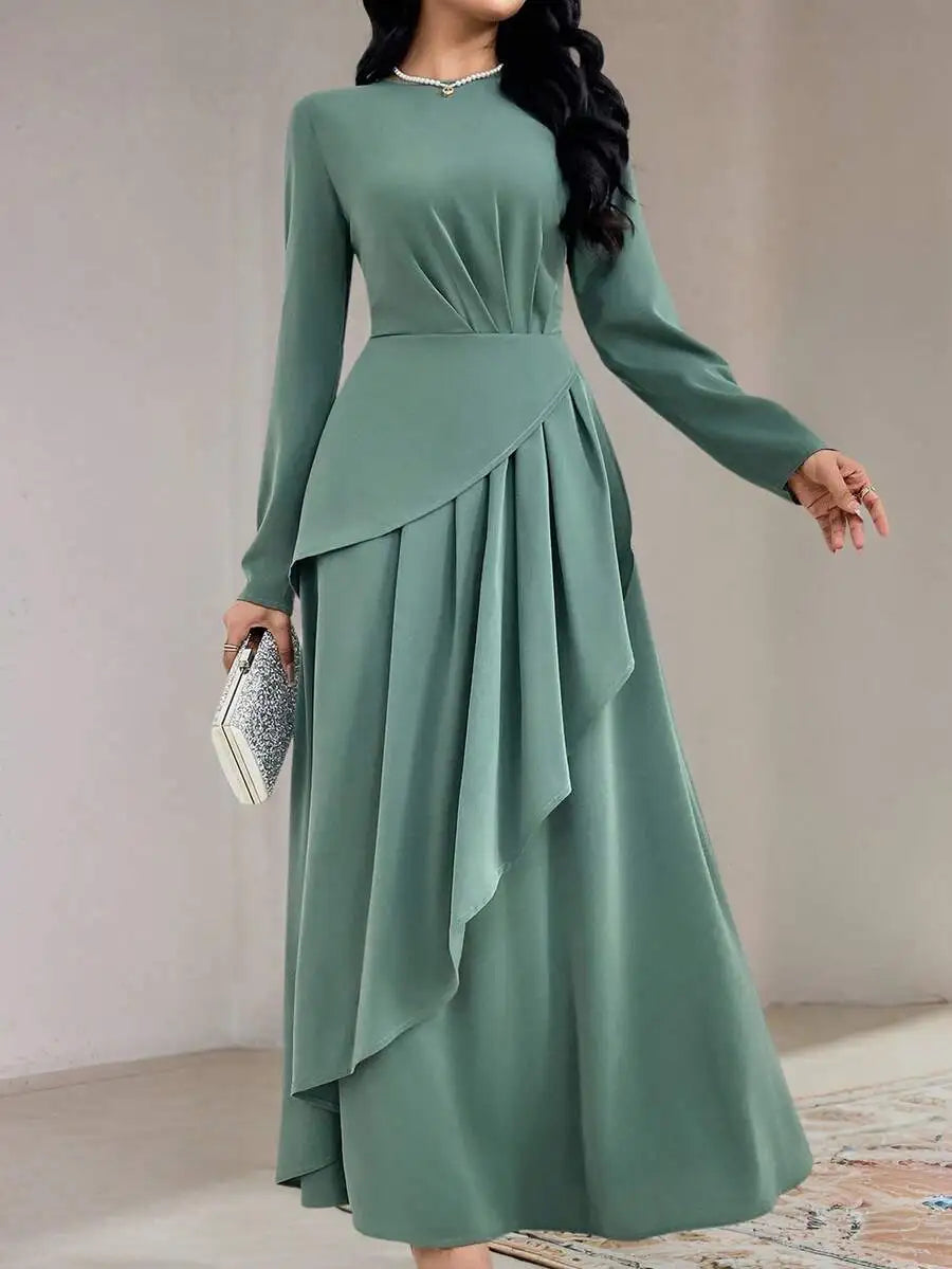 Women's Sage Green Round Neck Long Sleeve Asymmetrical Pleated Maxi Dress
