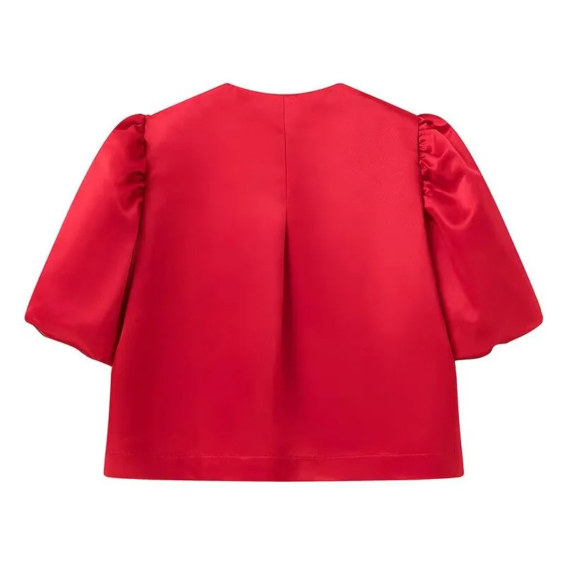 Spring Summer New Women's Fashion Casual Shirt Satin Bubble Sleeves Round Neck Loose Short Top Female Elegant Solid Blouses