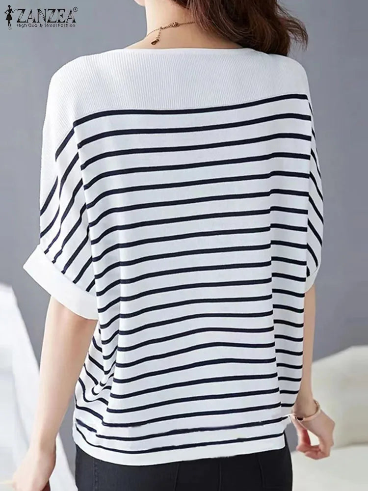 ZANZEA Elegant Striped Patchwork Blouse Women Half Sleeve Office Wear 2024 Summer T-shirt Fashion Loose Casual O-neck Tunic Tops