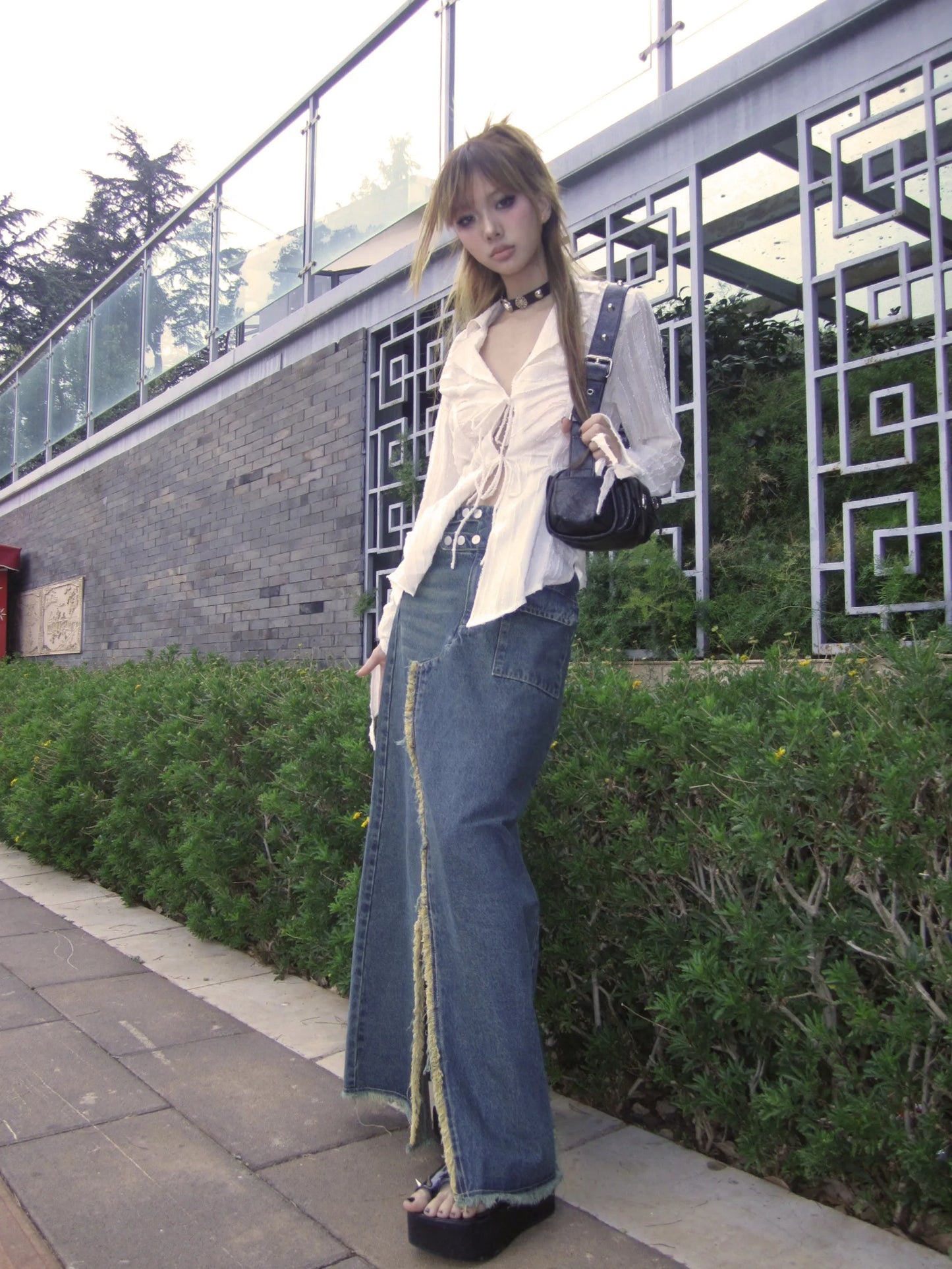 Karrram Y2k Aesthetics Pleated Shirt Fairycore Lace Up Blouse Trashy 2000s Style V-neck Shirt Irregular Japanese Harajuku 90s