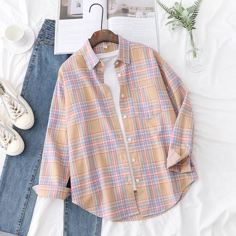 Fresh Flannel Plaid Shirt Women 2025 New Female Blouses and Tops Cotton Loose Long Sleeve Casual Shirts Fine Women's Clothes