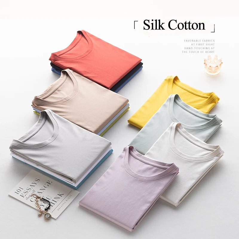 6% Real Silk Cotton Modal Women's T-shirt 2026 Summer Tees Short Sleeve Solid Tee Shirts V-neck Casual Woman Basic T shirt Tops