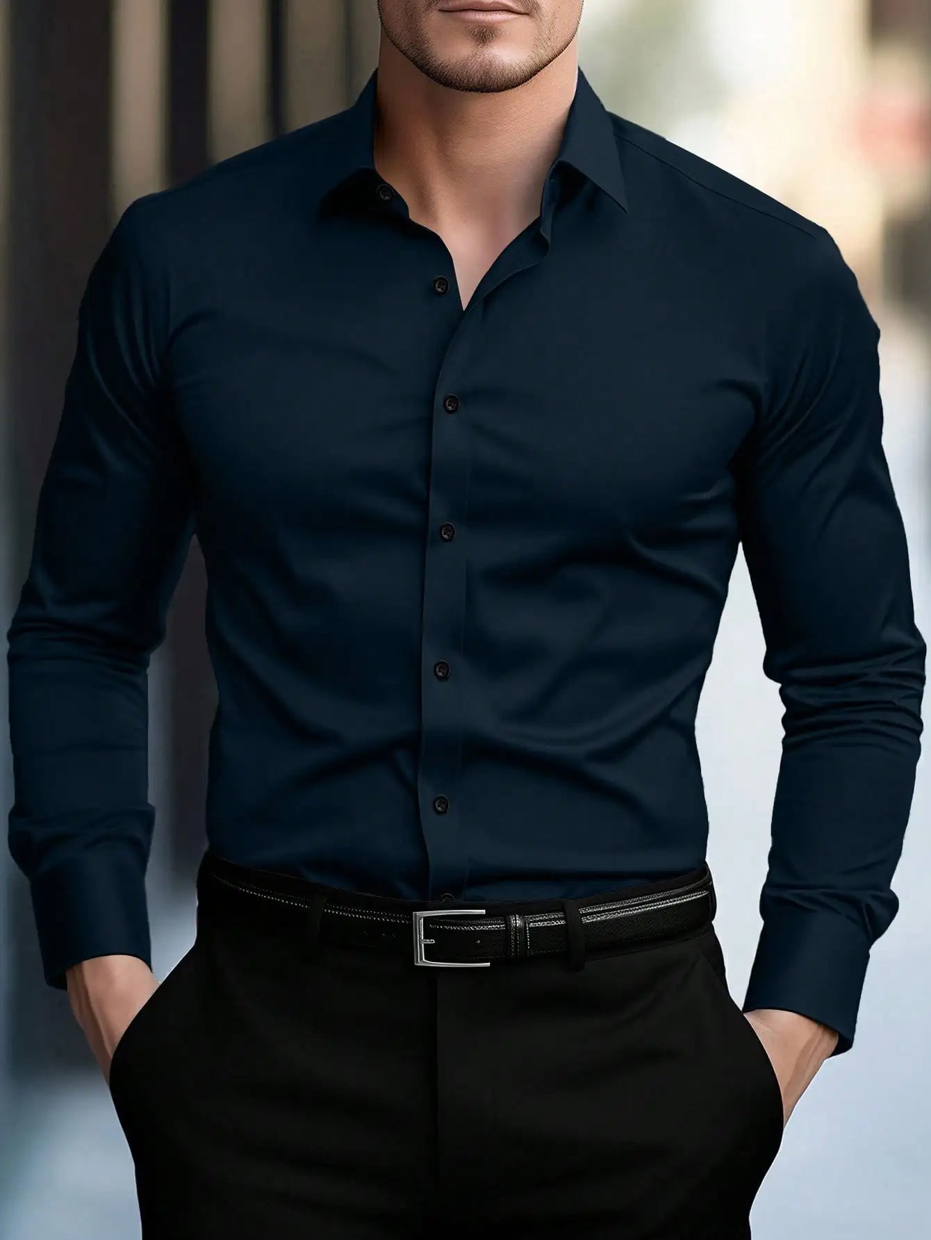 Men's Slim Fit Solid White Long Sleeve Button-Up Shirt for Business Casual Wear