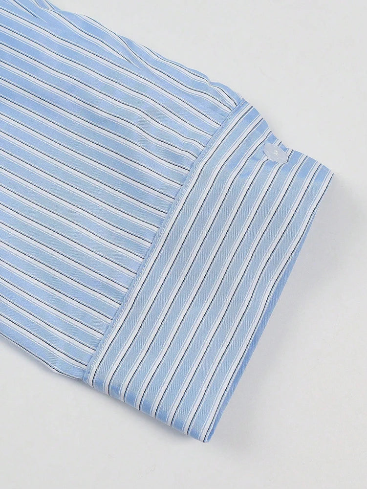 Women's Striped Clash Collar Lace Pocket Shirt, Daily Casual Shirt, Regular Fashion, Back to School Season