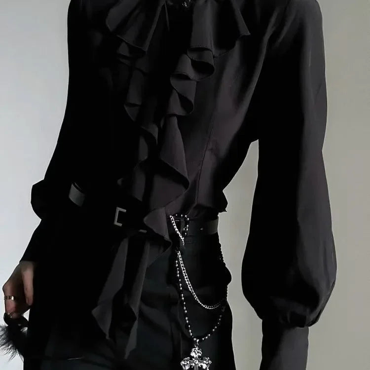 Harajuku Vintage Black Bottoming Shirt Women Stand Collar Ruffles Slim Blouses Japanese Victorian Long Sleeve Blusas De Mujer