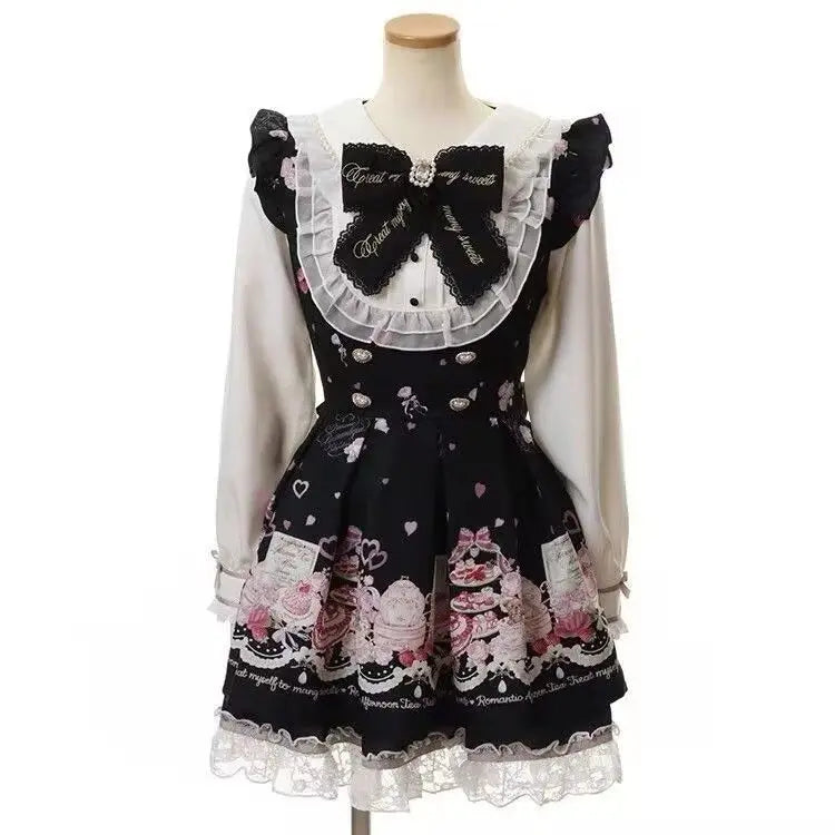 2025 Japanese Sweet Lolita Kawaii Dress Women Spring Printed Bow Fake Two Piece Dress Female Korea Style Design Party Clothing