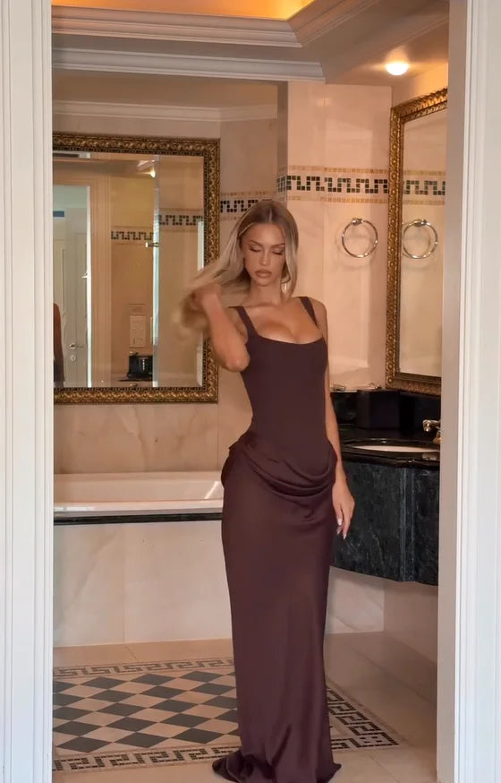 Solid Pleated Sling Dress Women Square Neck Sleeveless Off-shoulder Waist Cinching Slim Dresses Lady Evening Party Gowns 2025