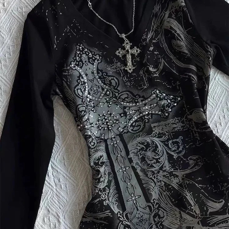 Women's Hip hop 90s Vintage Punk T-Shirt autumn Streetwear Sexy Short Sleeve Gothic Slim Crop Top Hotgirl Casual Femme Tee y2k