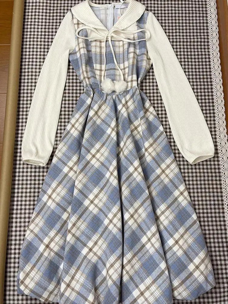 French Vintage Midi Dress Women Casual Evening Party Plaid Dress Office Lady Outwear One Piece Dress Korean Fashion Spring Chic