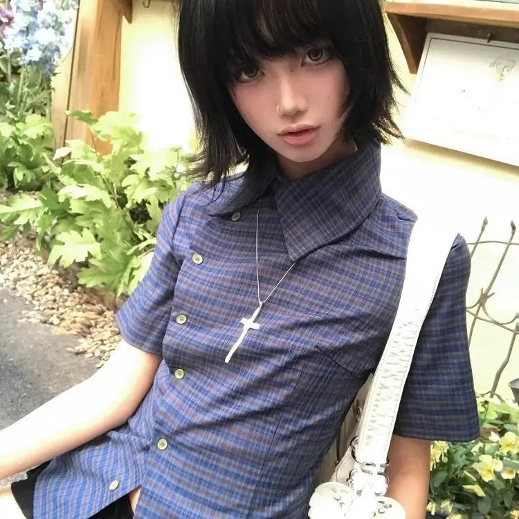 Genayooa Vintage Plaid Casual Shirt Women Short Sleeve Y2k Tops Japanese 2000s Summer Shirt Irregular American Retro 90s Tshirts