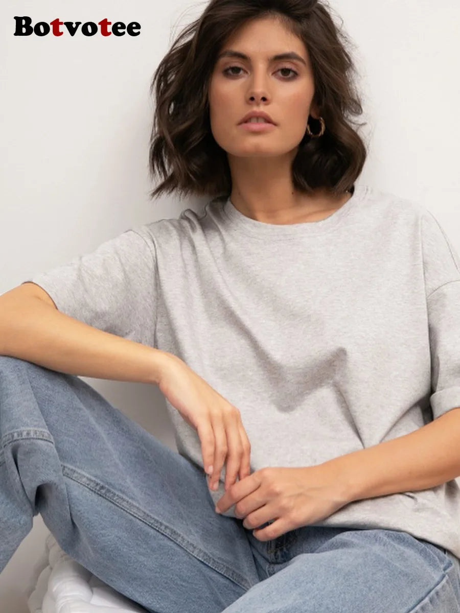 Botvotee 21 Colors Ins Fashion Summer Oversized Basic Soild T Shirts for Women 100% Cotton White Black Pink T-shirt Casual Tops