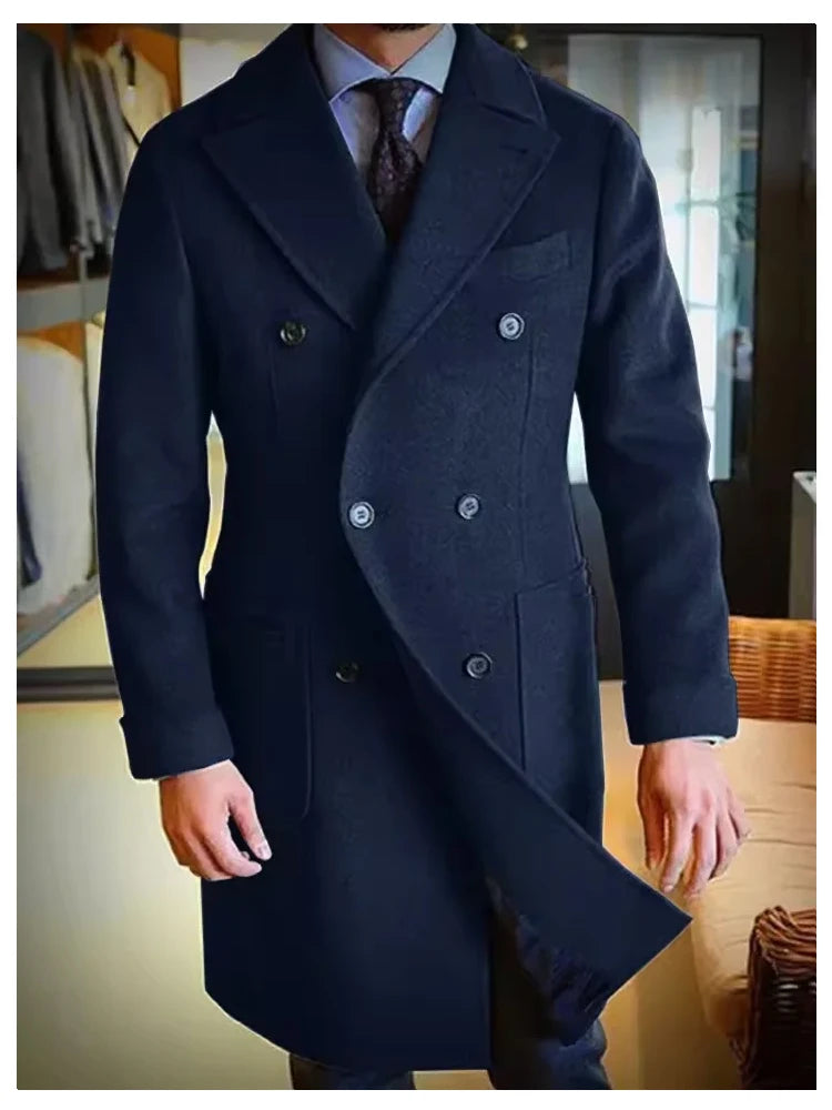 Luxury Men's Winter Long Blazer Double Breasted Business Jacket Elegant High Quality Male Elegant Man Long Coat England Style