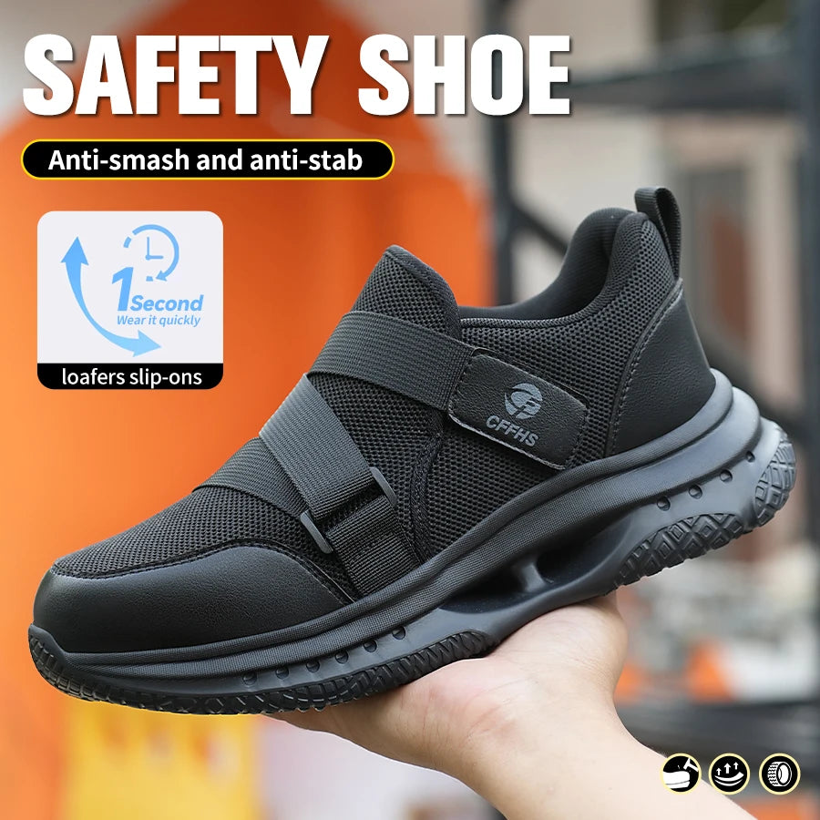 Velcro-Fastened Men's Breathable Casual Work Safety Shoes with Impact and Puncture Resistance
