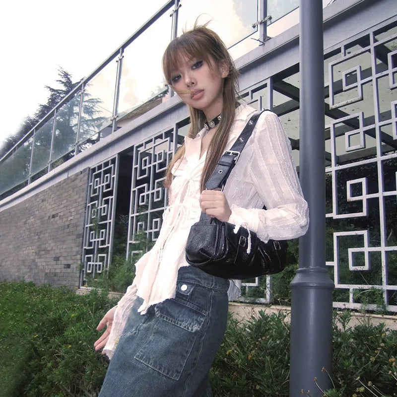 Karrram Y2k Aesthetics Pleated Shirt Fairycore Lace Up Blouse Trashy 2000s Style V-neck Shirt Irregular Japanese Harajuku 90s