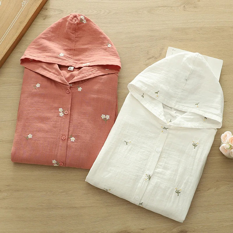 100% Cotton Yarn Loose Hooded Plaid Shirts for Women Autumn Spring Casual Blouses Females Hoodies Classic Oversized Tops