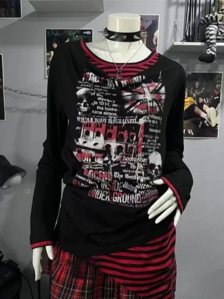 2000s American Vintage Gothic Black Women T-shirts Punk Style Graphic Grunge Tshirts Harajuku Y2k Long Sleeve Tops Streetwear