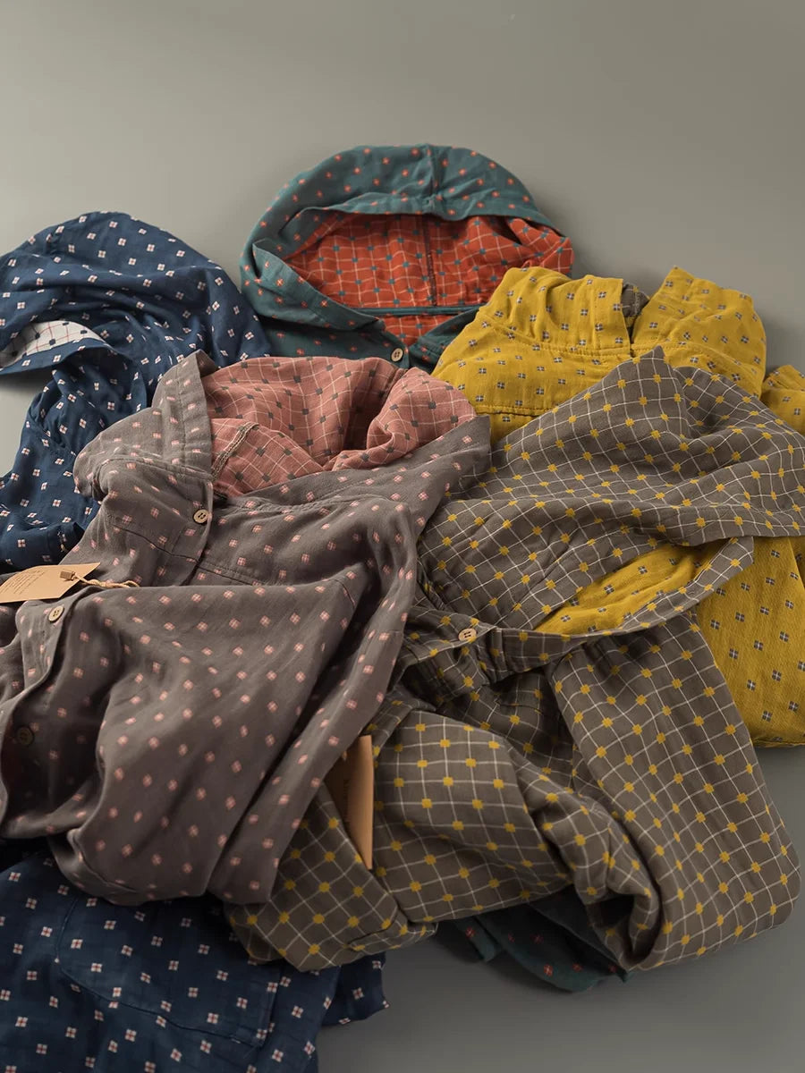 100% Cotton Yarn Loose Hooded Plaid Shirts for Women Autumn Spring Casual Blouses Females Hoodies Classic Oversized Tops