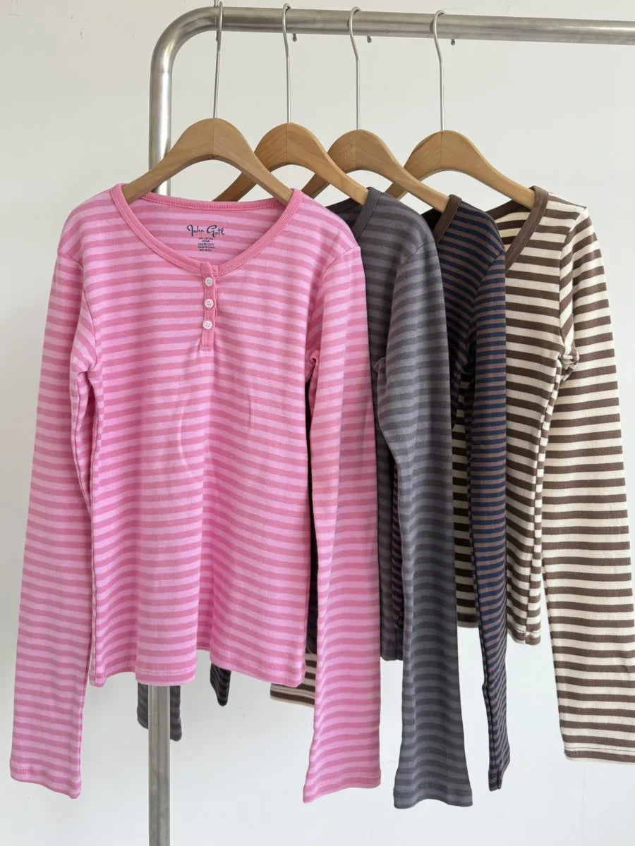 Pink Striped Slim Long Sleeve Tees Women Spring Casual Cotton O-neck Tshirt New Tops Clothes Sweet Cute  Vintage T-shirts Y2K