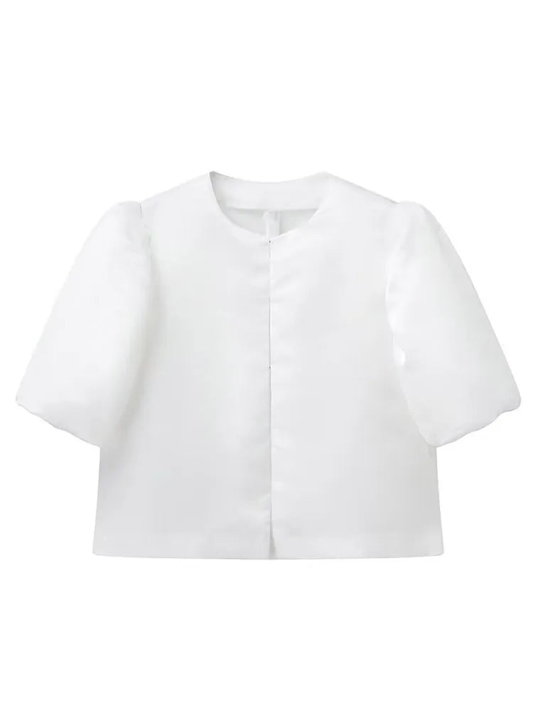 Spring Summer New Women's Fashion Casual Shirt Satin Bubble Sleeves Round Neck Loose Short Top Female Elegant Solid Blouses