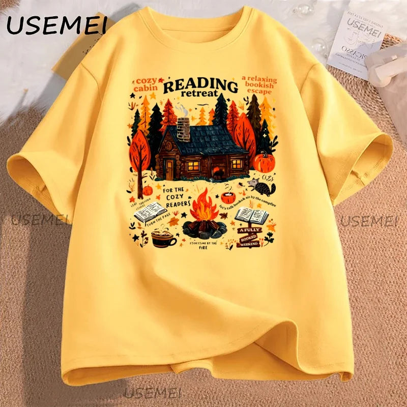 Cozy Cabin Reading Retreat T-shirt Fall Bookish Tshirt Autumn Cozy Readers Pumpkin Spice Book T Shirt Caual Cotton Short Sleeve