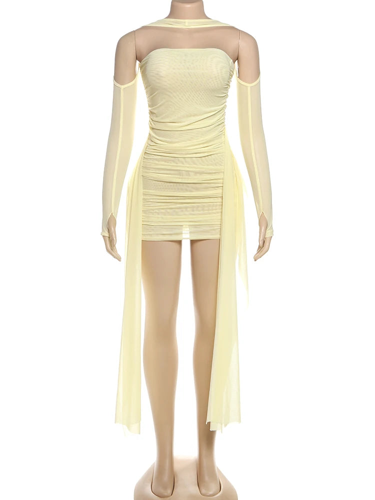 Weird Puss Sexy See Through Dress+Shawl Women Side Ribbon Ruched Coquette Skinny Midnight Clubwear Summer Vacation Party Bodycon