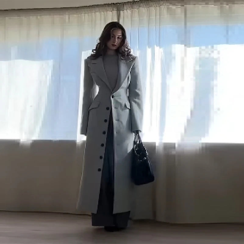 Women's Long Coat Slim V Neck Single Breasted Overcoats Shoulder Pad Maxi Jackets with Belt 2025 New Winter Lady Commute Outwear