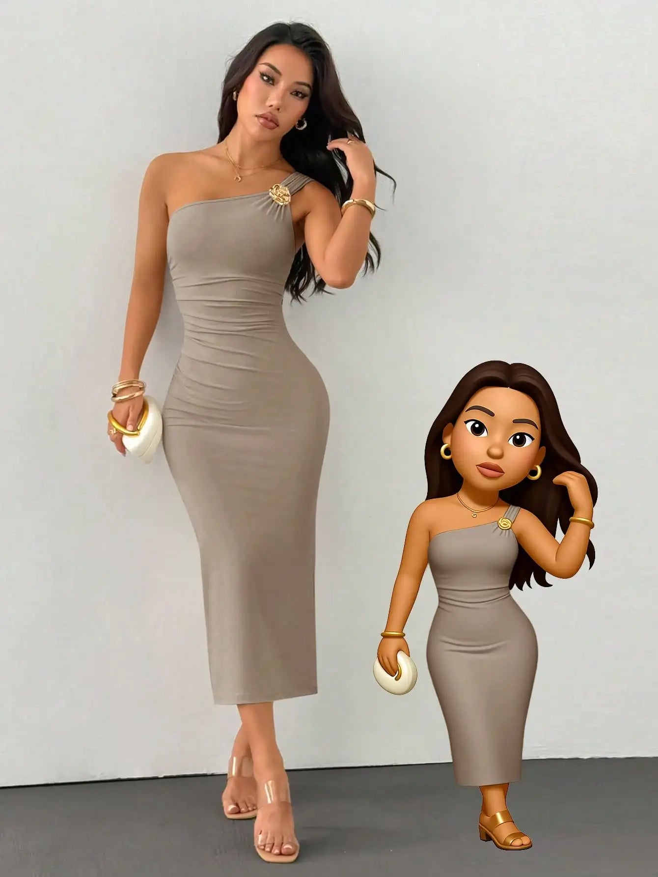 One Shoulder Ruched Fishtail Dress With Gold Brooch Asymmetric Neck Party Dress
