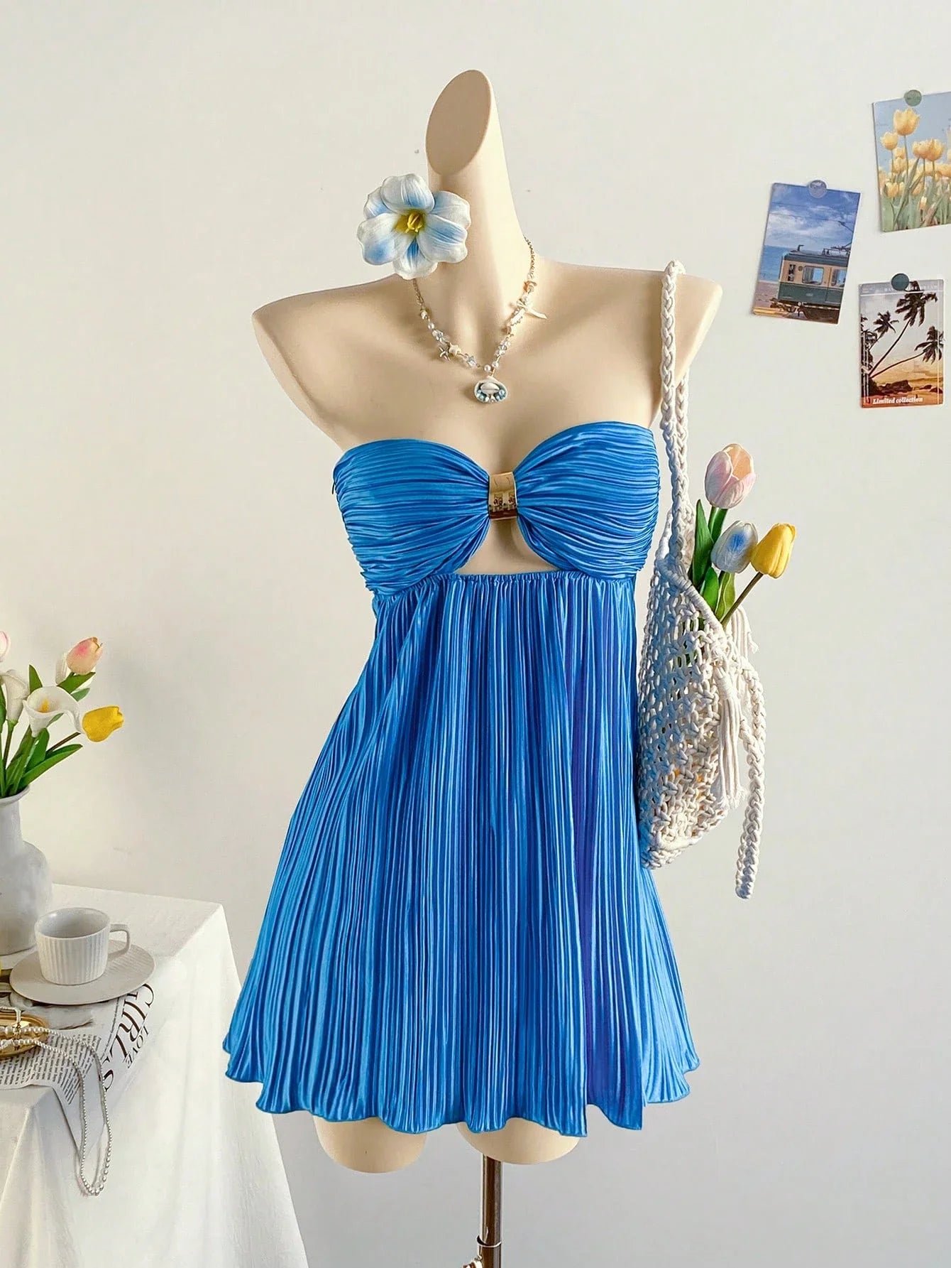 Blue Pleated Ruched Bandeau Mini Dress For Women Beach Party Vacation Outfit