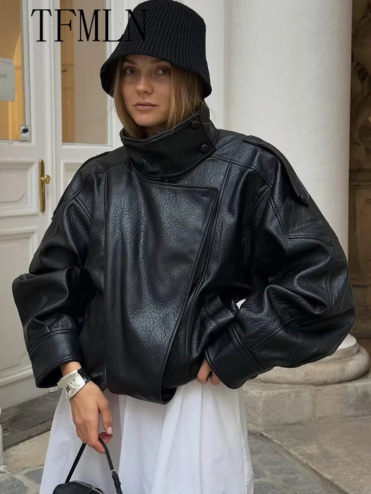 TFMLN 2025 Women Faux Leather Loose Jacket High Street Stand Collar Long Sleeve Coat Fashion Causal Zipper Outwear Autumn Winter