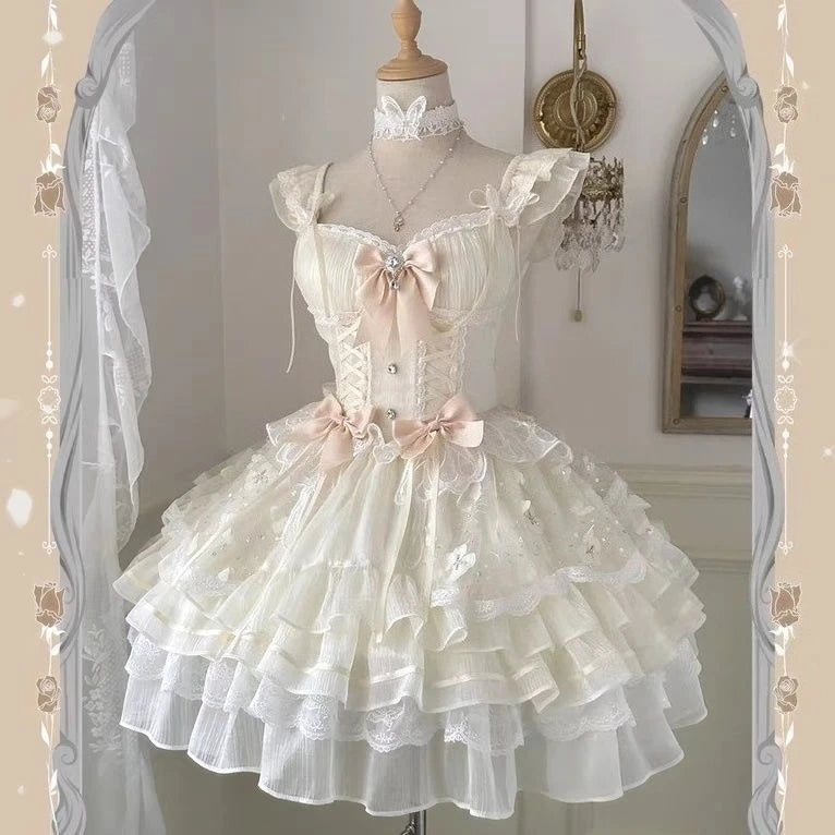 Summer Japanese Style Kawaii Lolita Dress Women Party Vintage Sweet Lace Bow Birthdays Cake Dresses Harajuku Y2k Bandage Dress