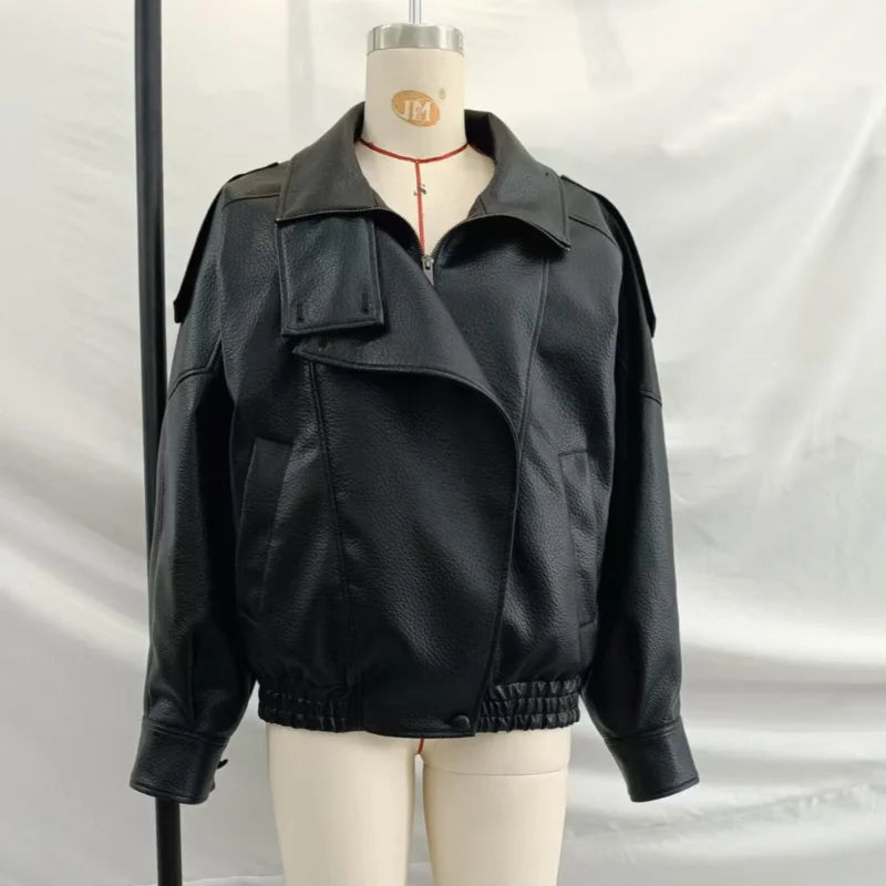 Stylish Pu Leather Jacket Stand-collar Loose Long Sleeved Coat Cool Casual Chic Versatile Outerwear New Autumn Women Streetwear