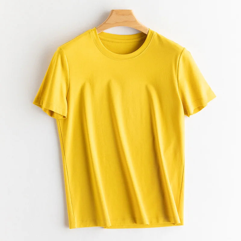 6% Real Silk Cotton Modal Women's T-shirt 2026 Summer Tees Short Sleeve Solid Tee Shirts V-neck Casual Woman Basic T shirt Tops