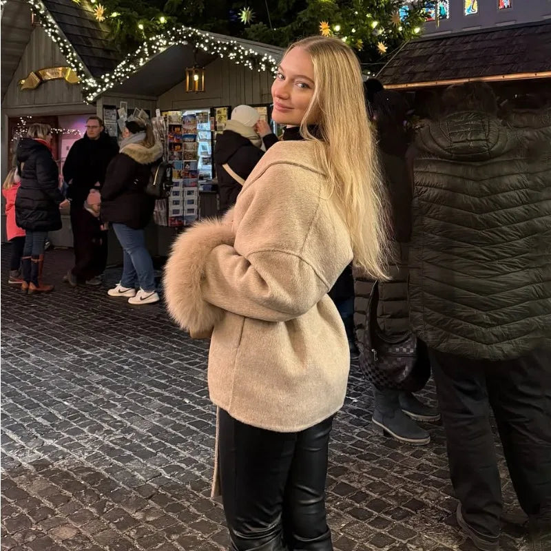 TARUXY Fox Fur Woolen Coats Women's Short Coat Office Lady Removable Elegant Double-sided Wool Overcoat 2025 New Cardigan Jacket