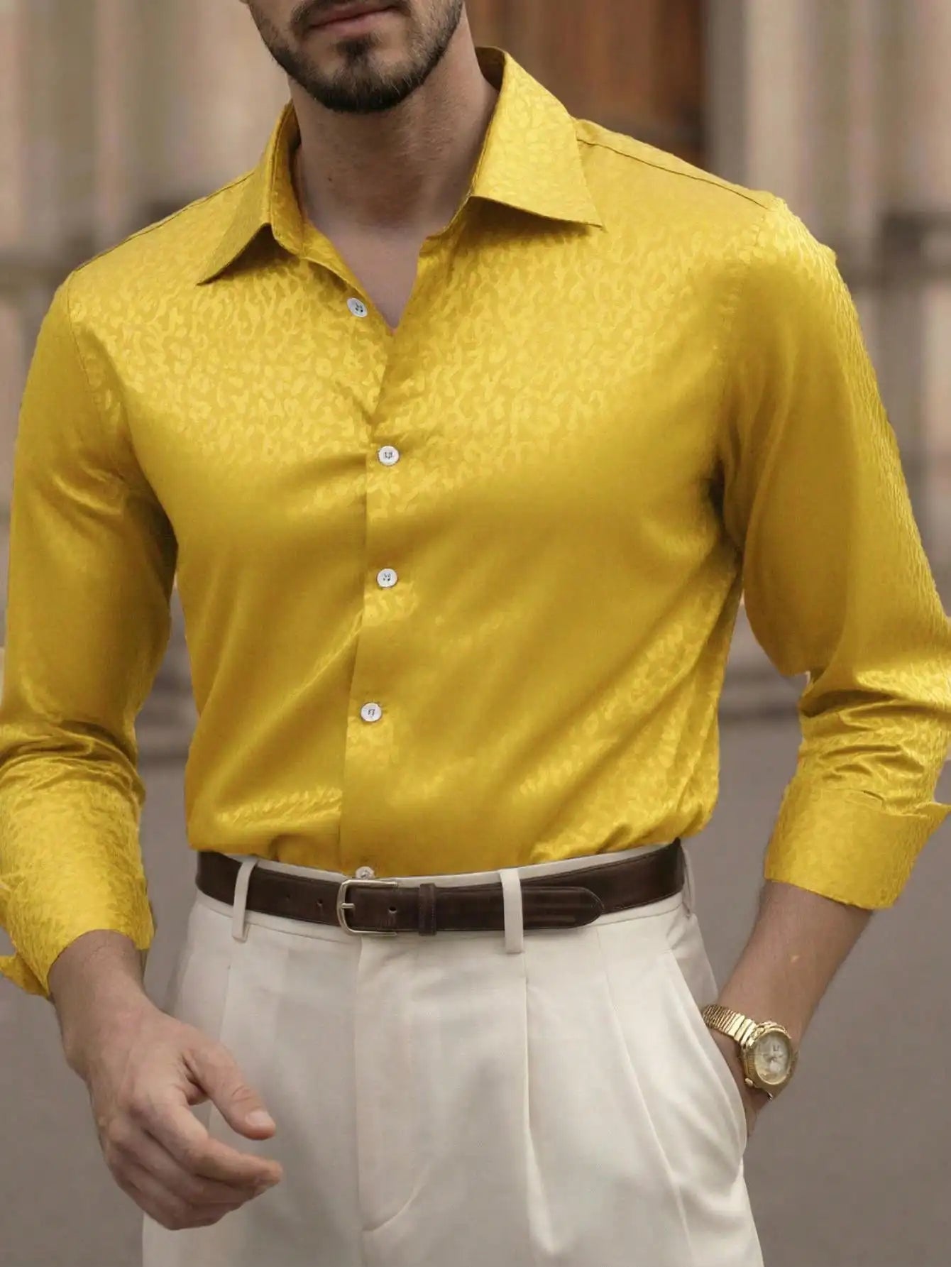 Men's Bright Pink Long Sleeve Slim Fit Casual Business Shirt