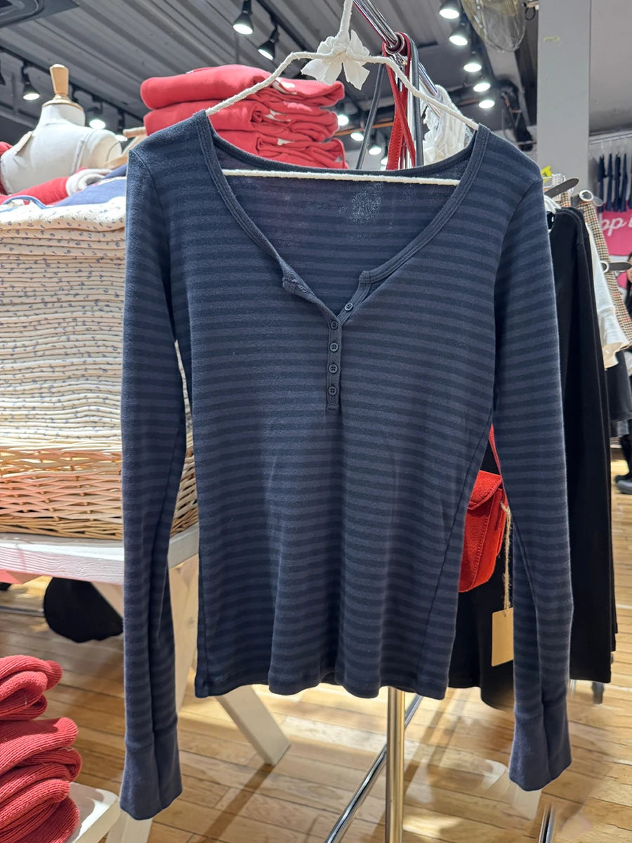 Pink Striped Slim Long Sleeve Tees Women Spring Casual Cotton O-neck Tshirt New Tops Clothes Sweet Cute  Vintage T-shirts Y2K