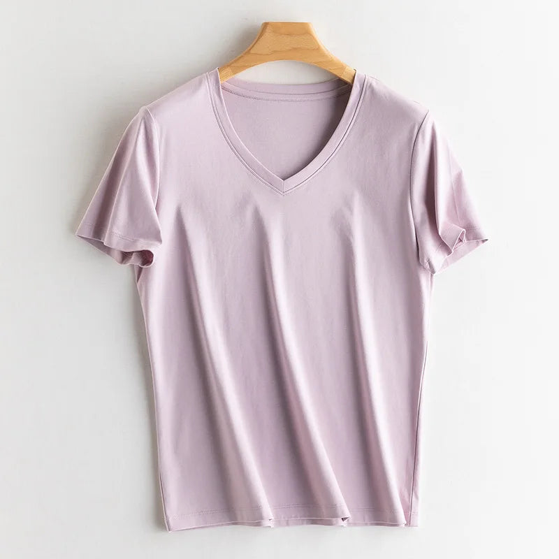 6% Real Silk Cotton Modal Women's T-shirt 2026 Summer Tees Short Sleeve Solid Tee Shirts V-neck Casual Woman Basic T shirt Tops