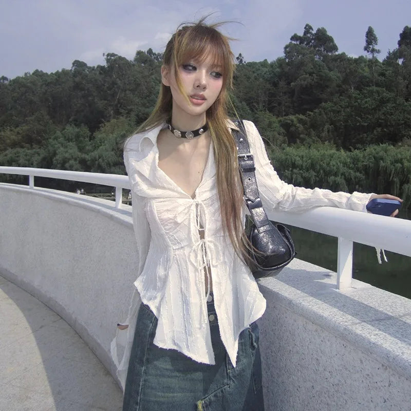 Karrram Y2k Aesthetics Pleated Shirt Fairycore Lace Up Blouse Trashy 2000s Style V-neck Shirt Irregular Japanese Harajuku 90s