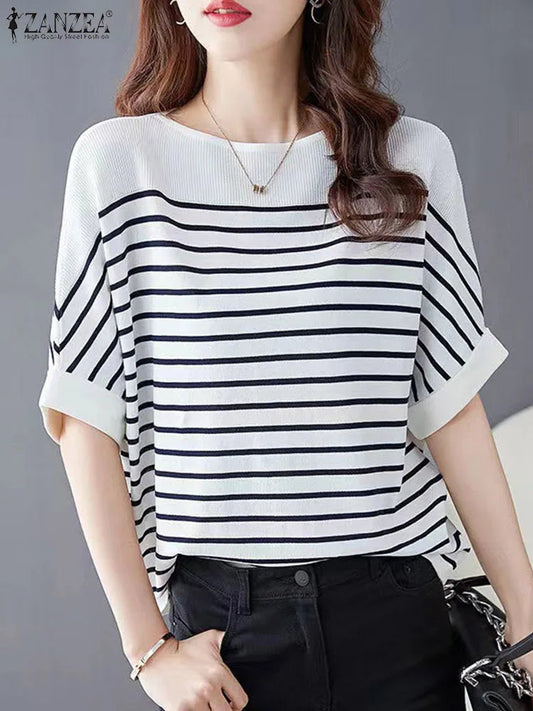 ZANZEA Elegant Striped Patchwork Blouse Women Half Sleeve Office Wear 2024 Summer T-shirt Fashion Loose Casual O-neck Tunic Tops