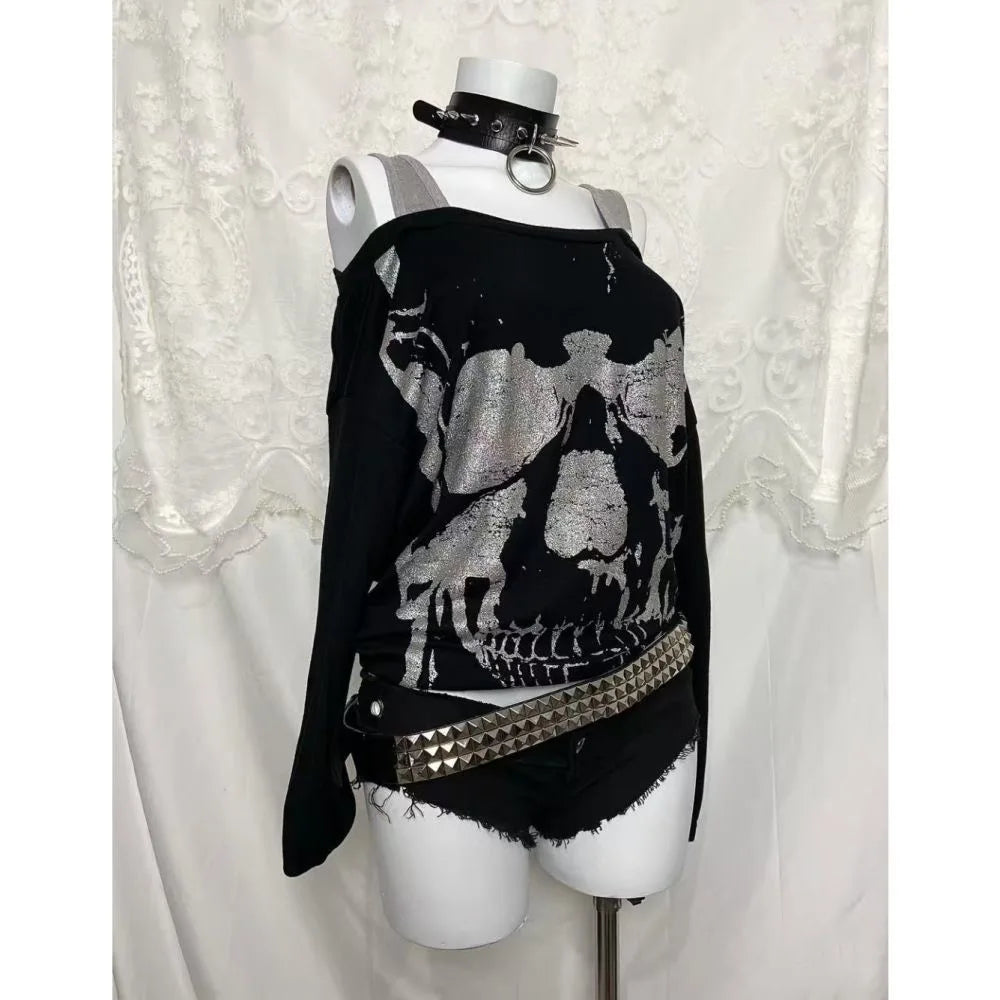 2000s American Vintage Gothic Black Women T-shirts Punk Style Graphic Grunge Tshirts Harajuku Y2k Long Sleeve Tops Streetwear