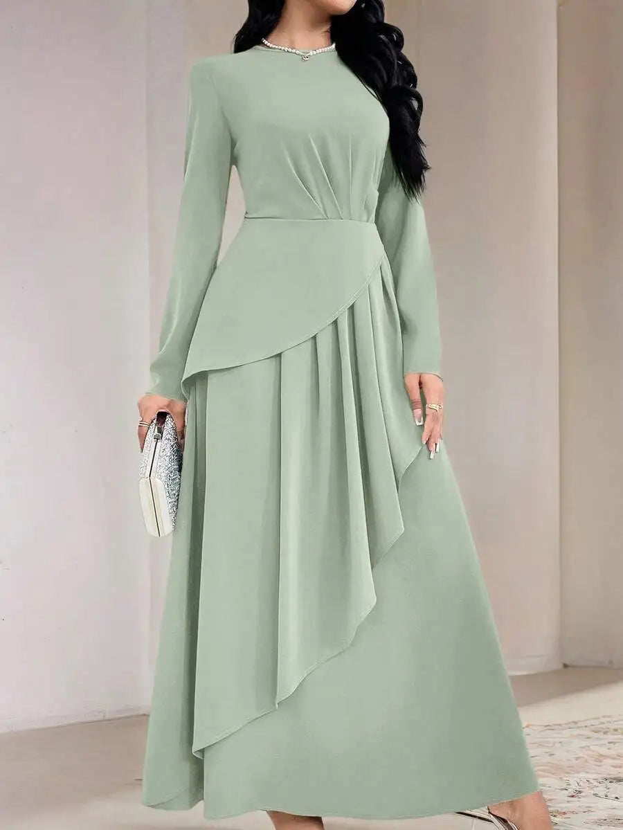 Women's Sage Green Round Neck Long Sleeve Asymmetrical Pleated Maxi Dress